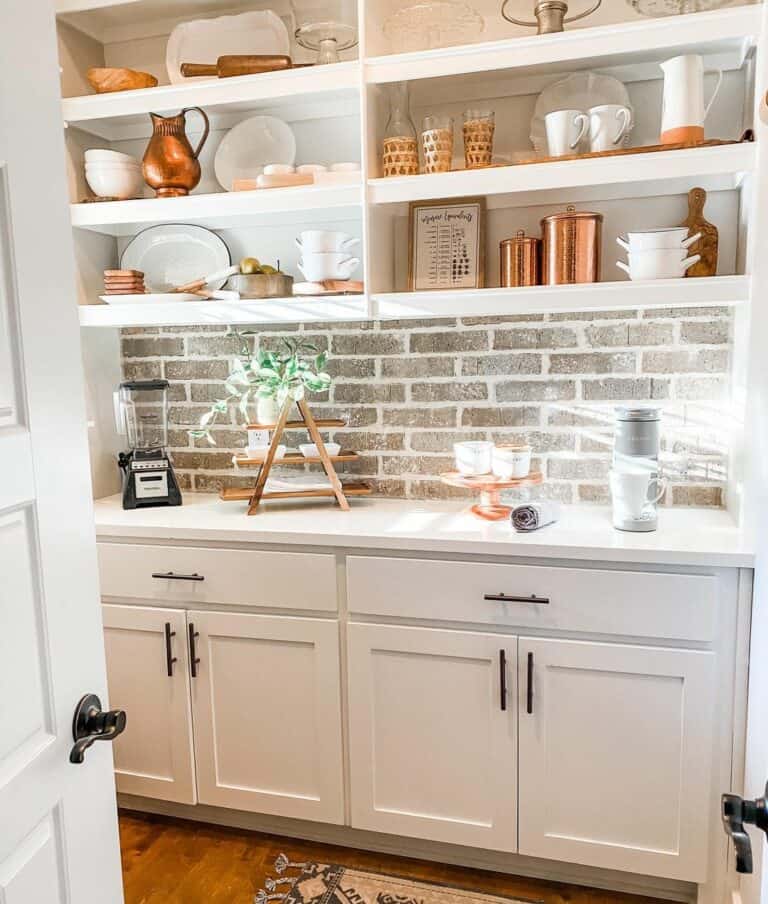Rustic Red Brick Wallpaper and Bronze Canisters