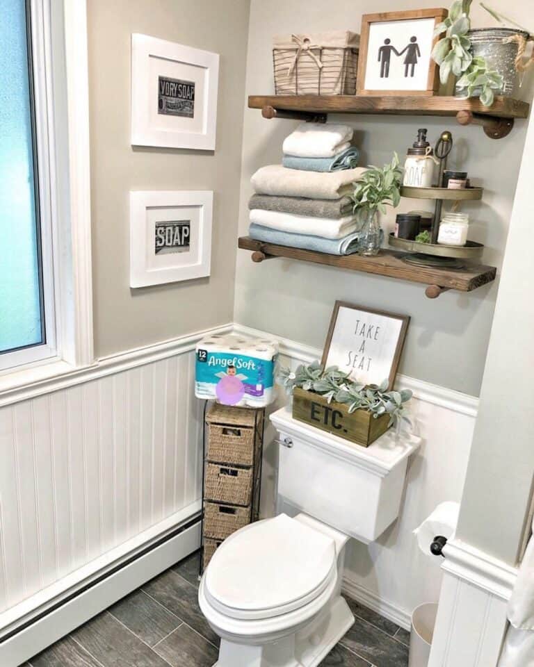 Rustic Shelves in Farmhouse Bathroom