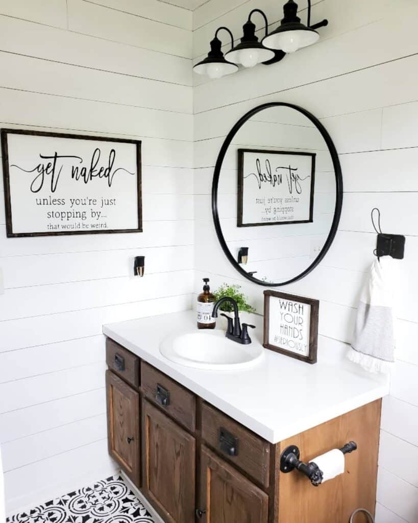 Rustic Shiplap Bathroom With Modern Black Accents