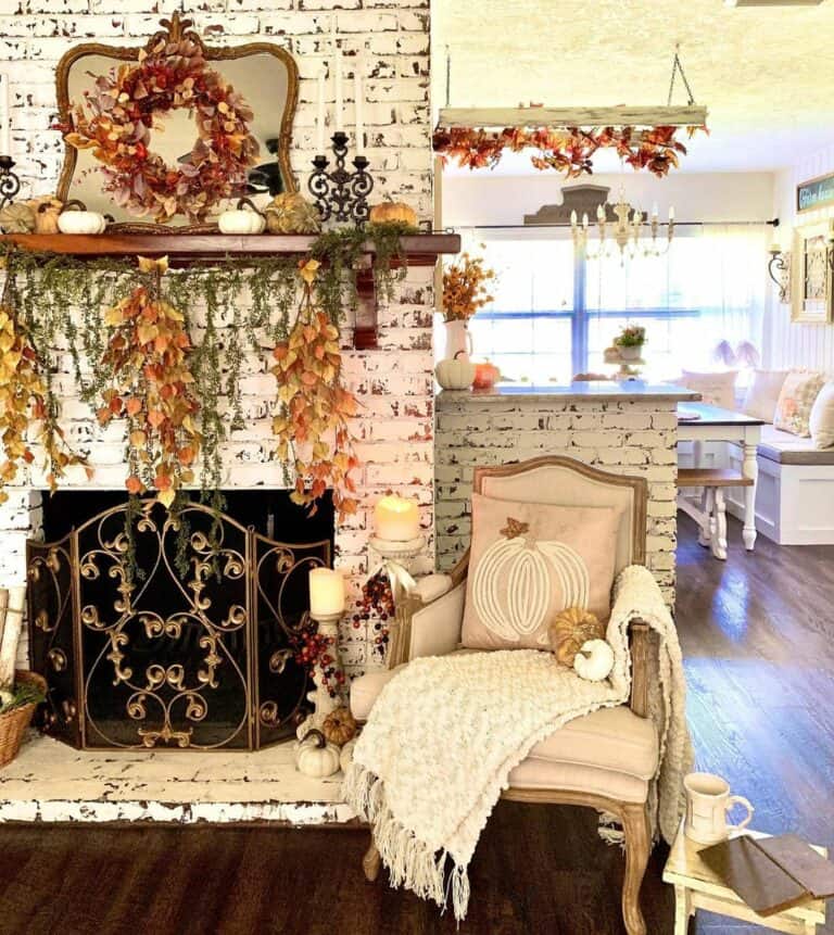 Rustic White Brick Fireplace with Autumn Wreath