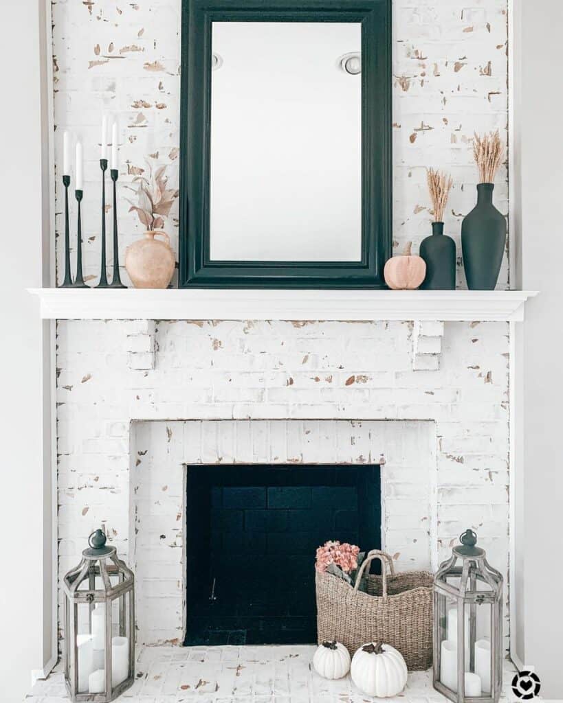 Rustic White Brick Fireplace with Mirror