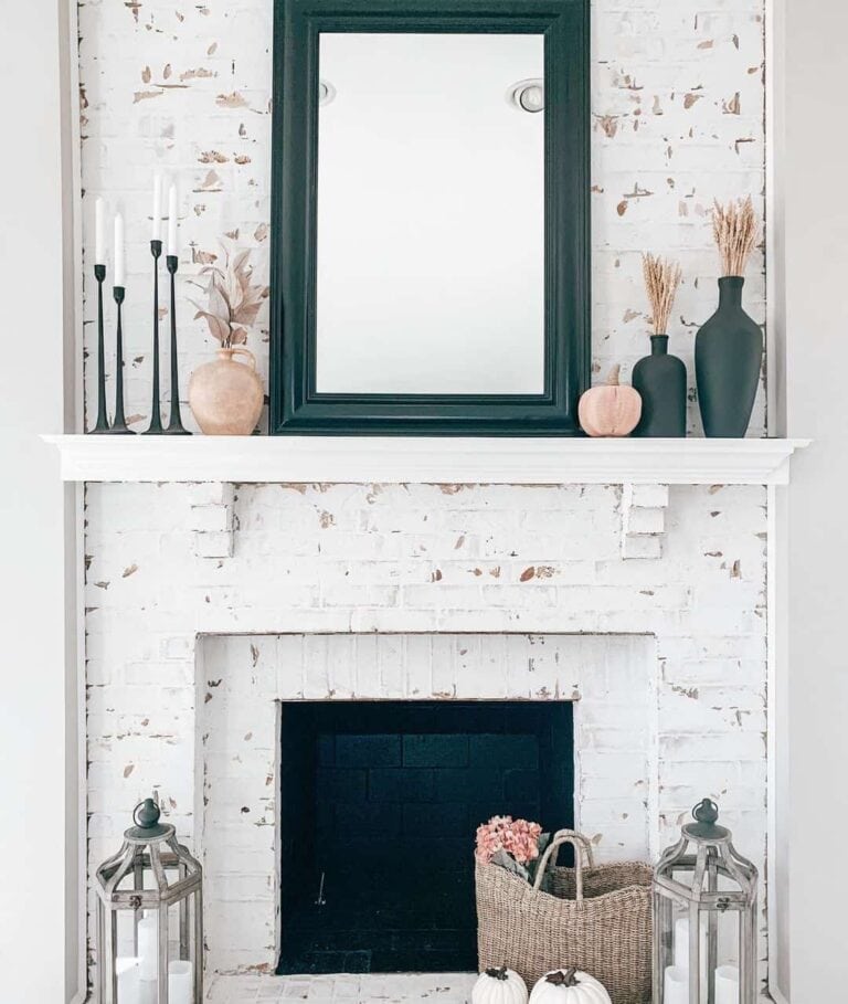 Rustic White Brick Fireplace with Mirror