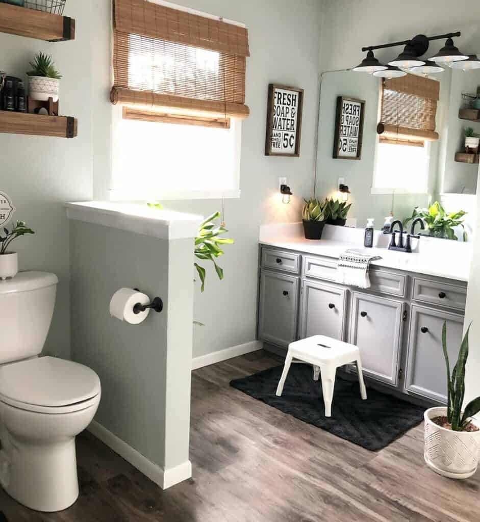 Sage Green Bathroom Walls with Wooden Décor Soul & Lane