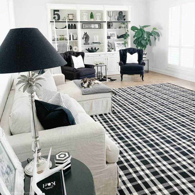 Sectional With Black and White Plaid Rug