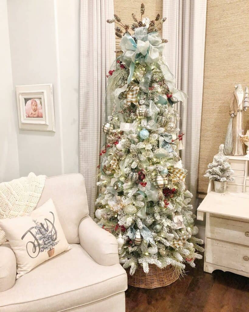 Shabby Chic Christmas Tree with Icy Blue Bow Topper
