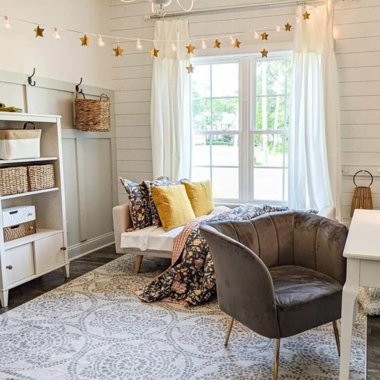 Shiplap Bedroom with String Lights