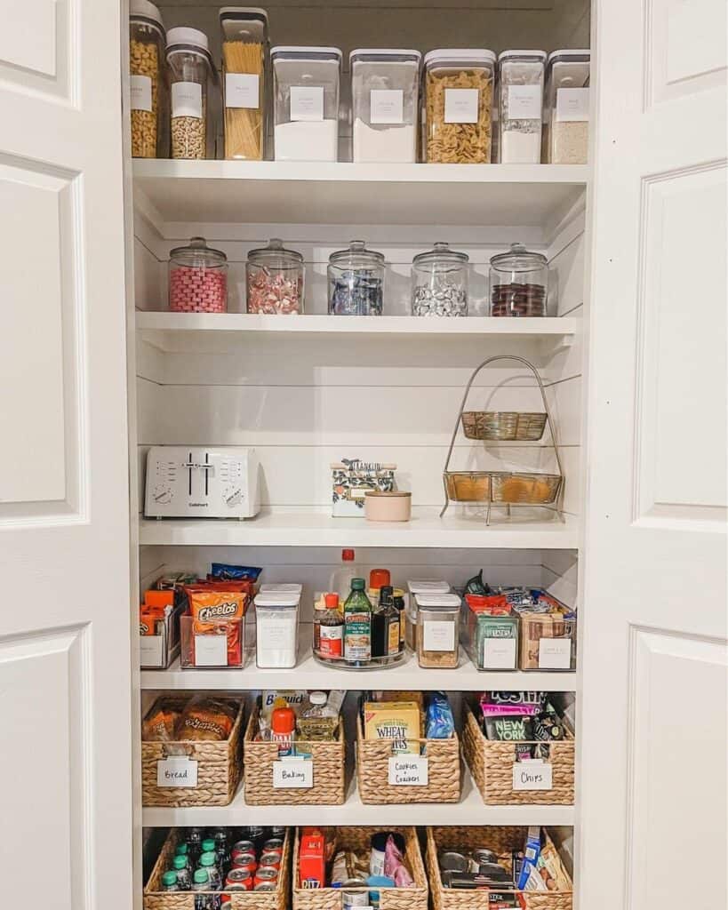 Shiplap Pantry with Colorful and Organized Shelves