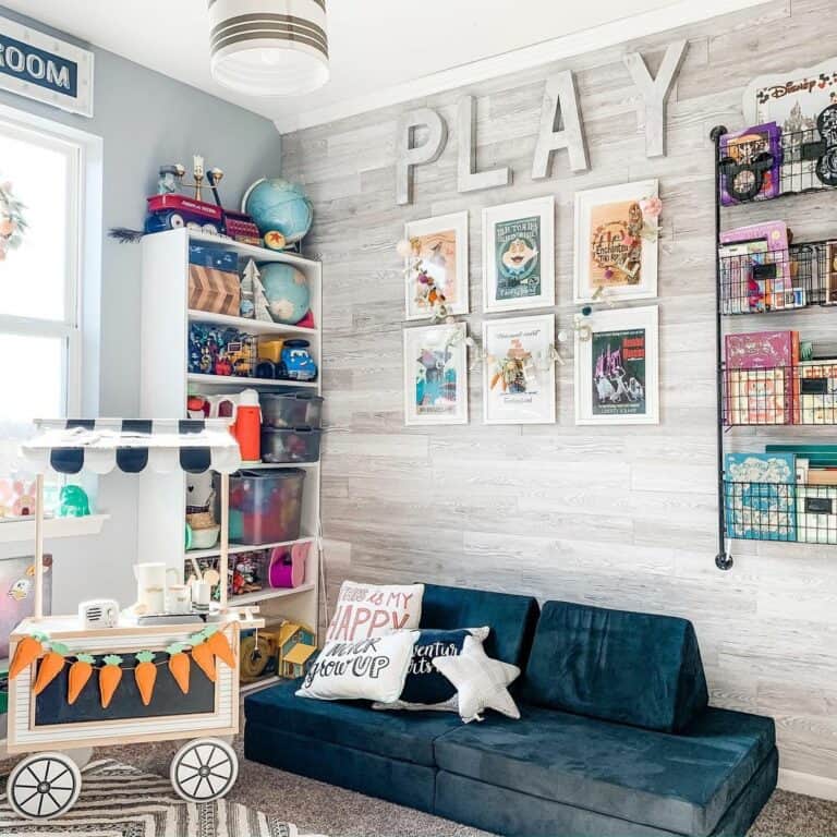 Shiplap Playroom Feature Wall with Wire Bookshelves