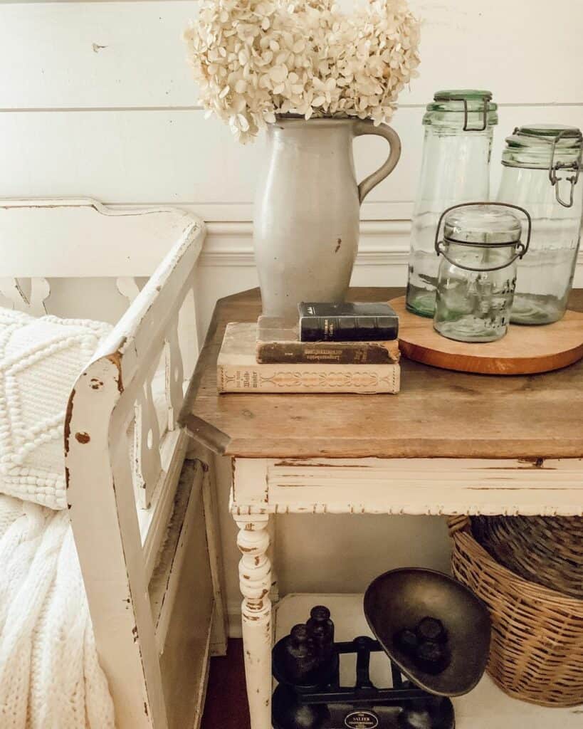 Side Table With Rustic Vintage Mason Jar and Antique Pitcher