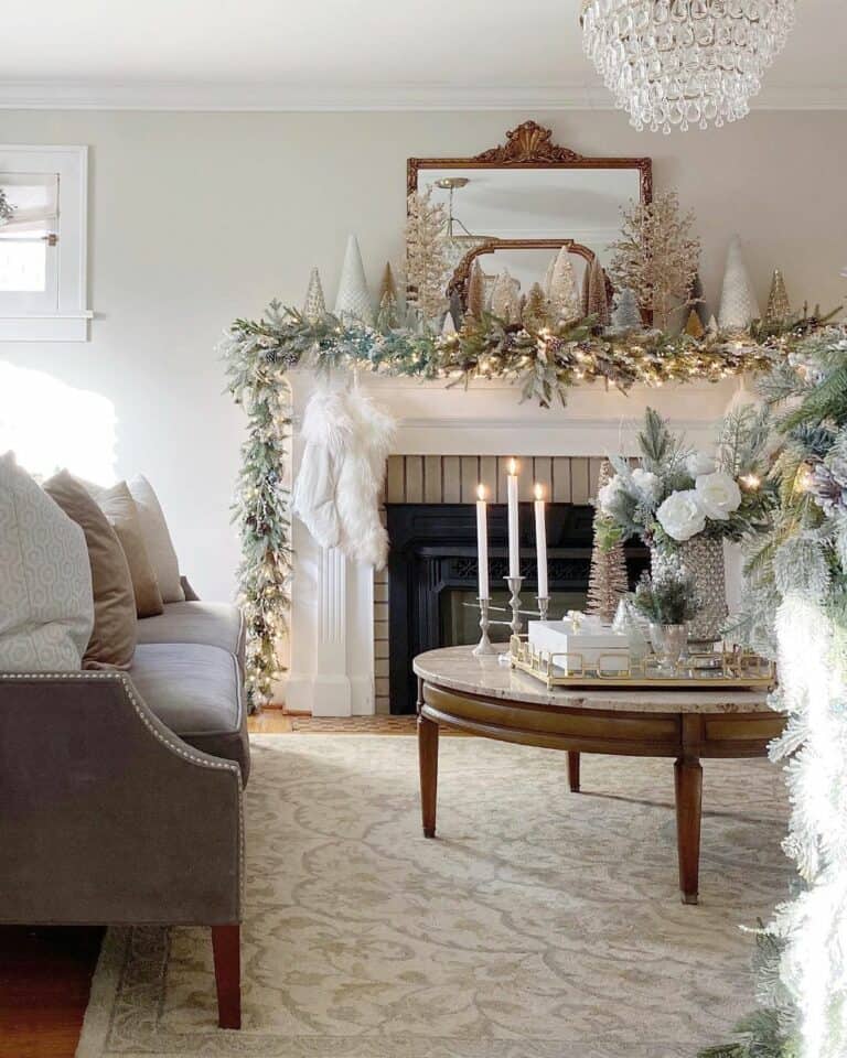 Silver and Gold Pine Trees on a White Mantel