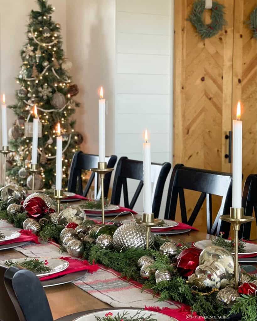 Silver and Red Ornaments on Dining Table