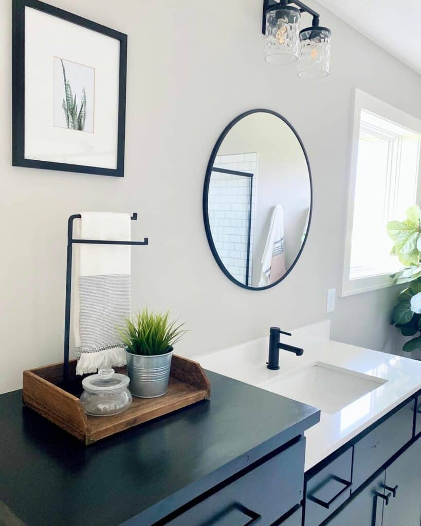 Sleek Black Modern Bathroom With Rustic Wooden Tray
