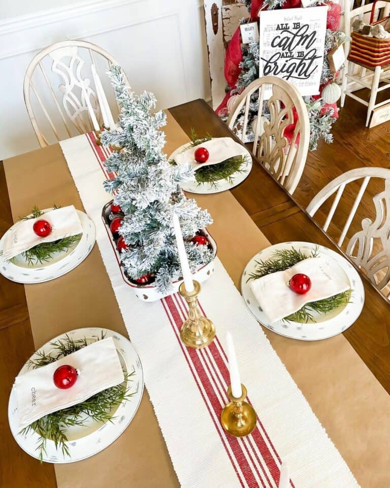 Small Flocked Tree on Striped Table Runner