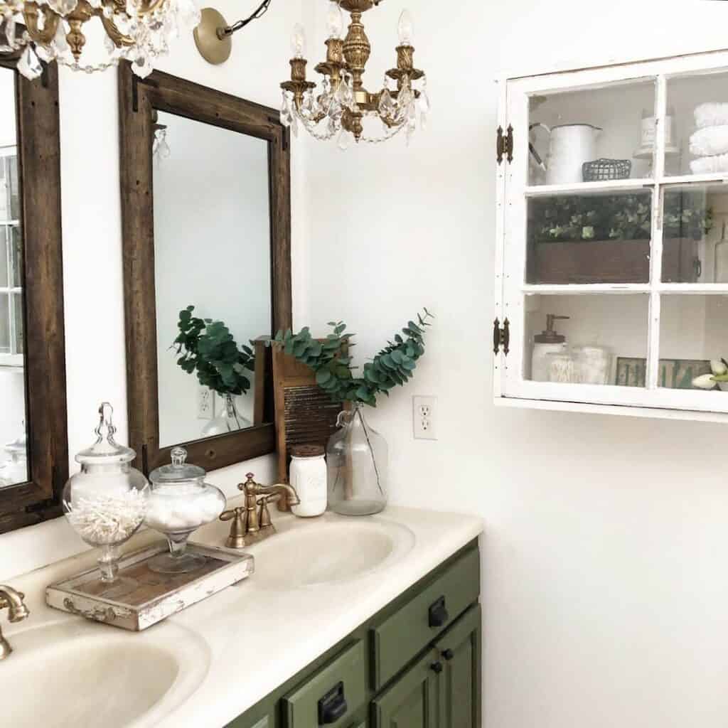 Small Green Bathroom with Dark Frame Mirrors Ideas