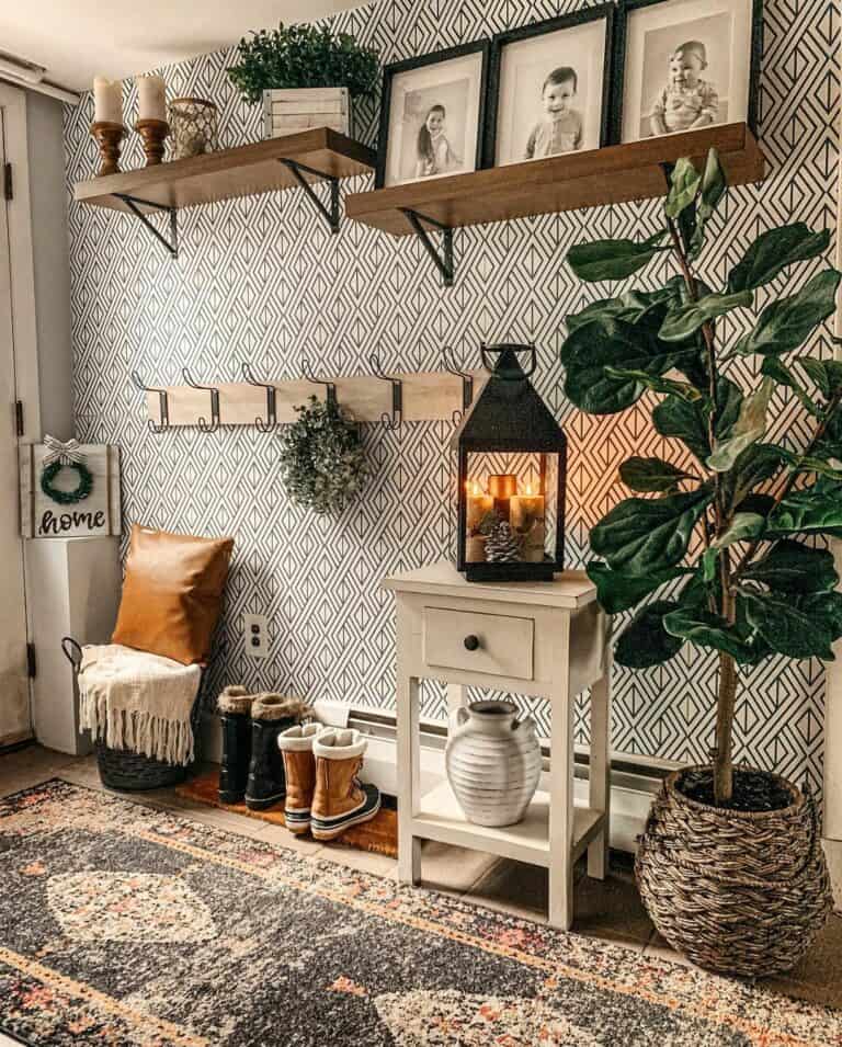 Small Mudroom With Geometric Wallpaper