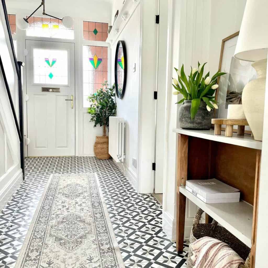 Spring Farmhouse Hallway with Patterned Floor