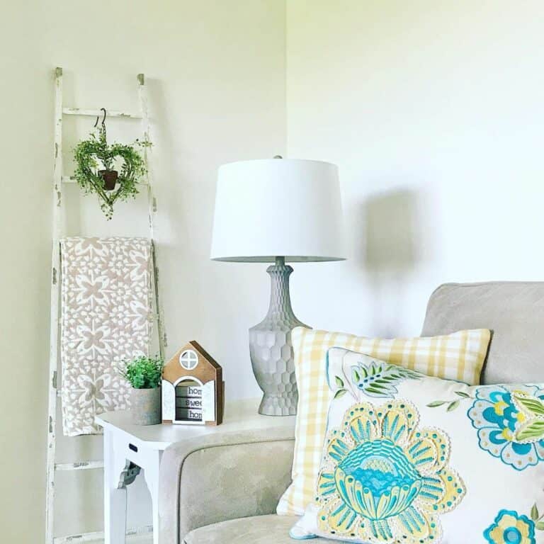 Spring-Themed Living Room with Blanket Ladder