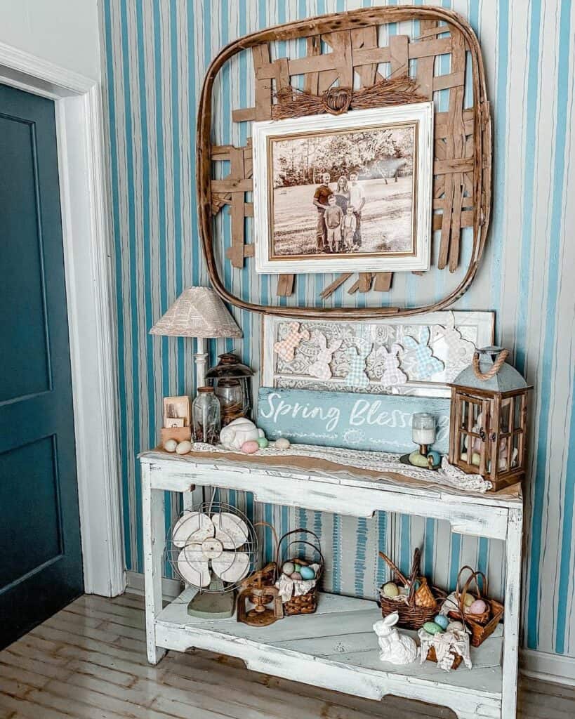 Springtime Blue and Gray Wallpapered Entryway