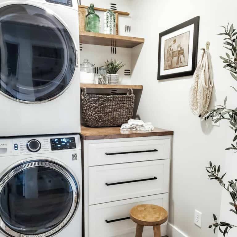 Stackable Laundry Room Idea With Rustic Charm