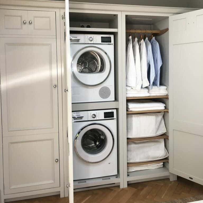 Stackable Laundry Room Ideas with Beige Cabinetry - Soul & Lane