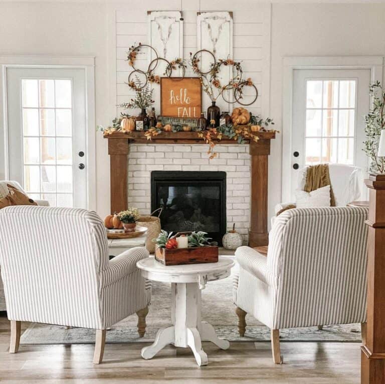 Stained Wood Mantel with Autumn Fireplace Decorations