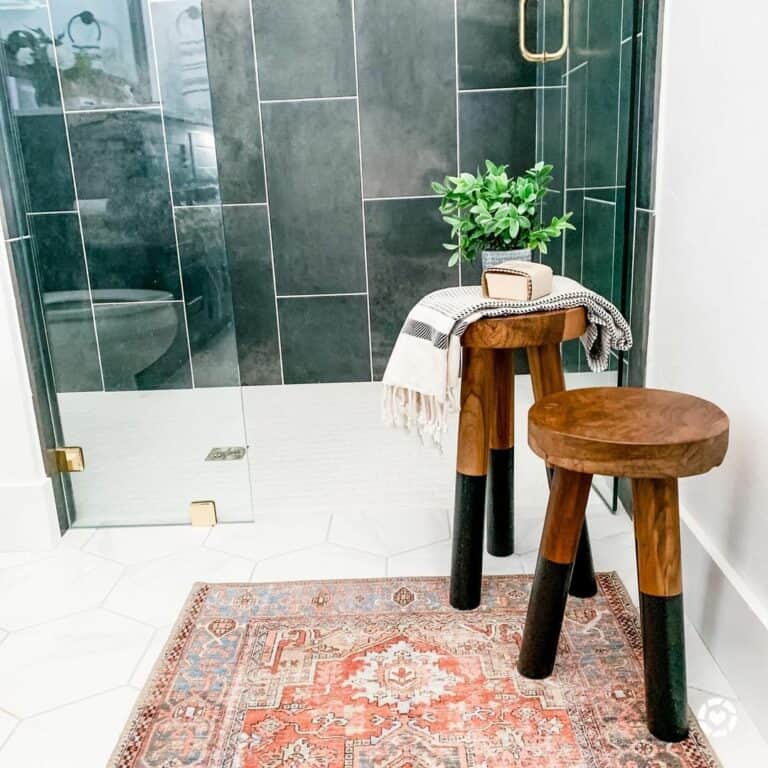 Stained Wood and Black Bathroom Stools