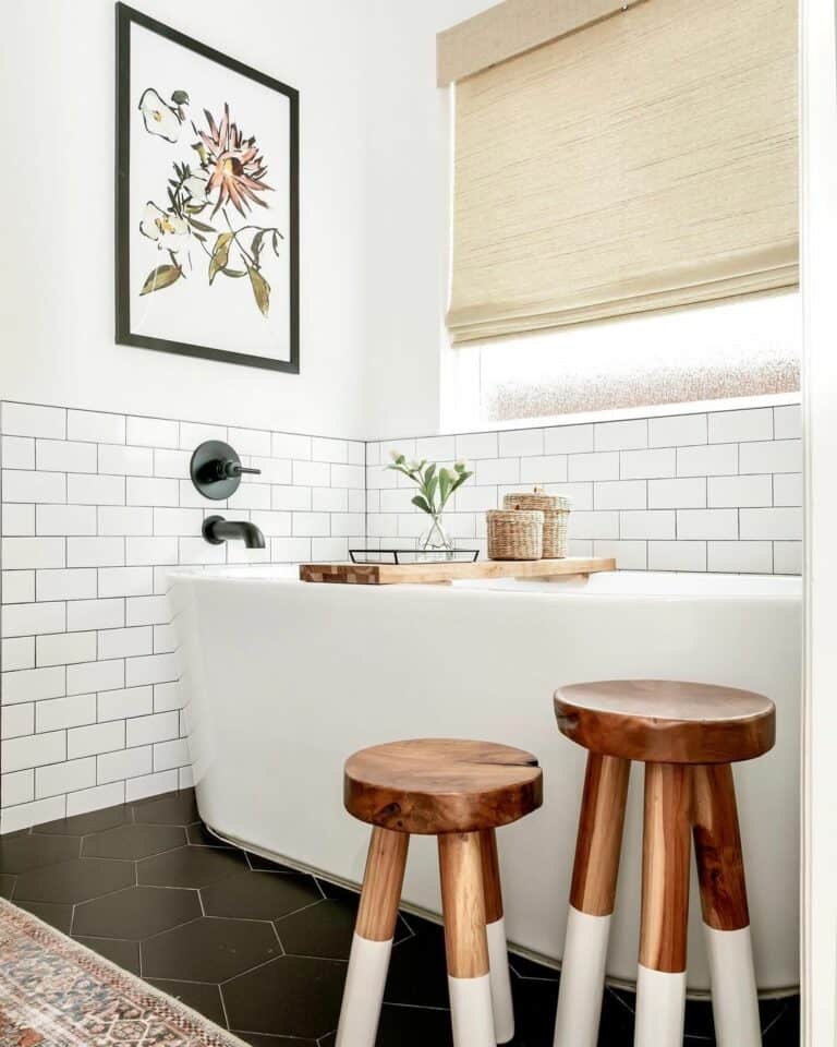 Stained Wood and White Bathroom Stools