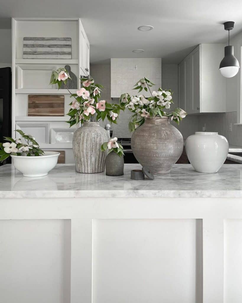 Statement Vases on Gray Kitchen Island