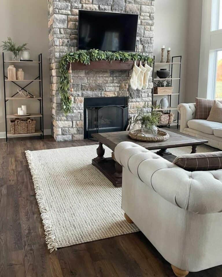 Stone Fireplace and Wood Mantel