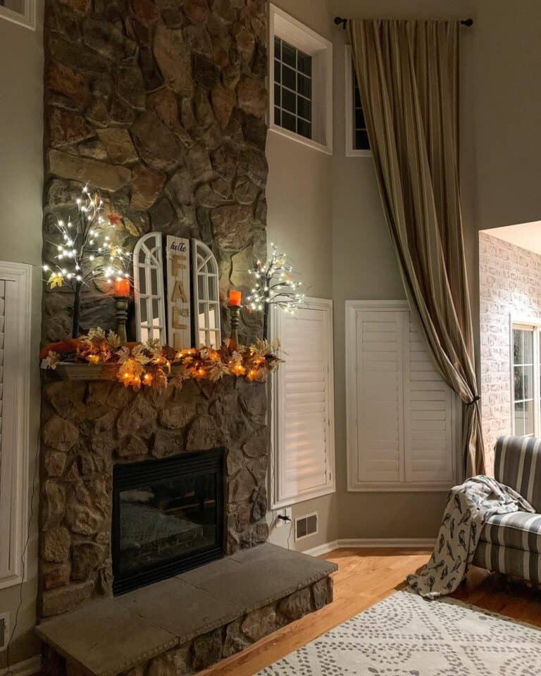 Stone Fireplace with Autumn Leaf Garland