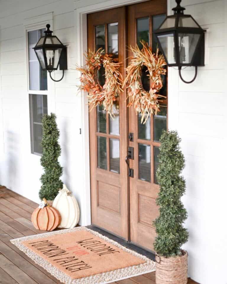 Straw Fall Wreaths on Mahogany Doors