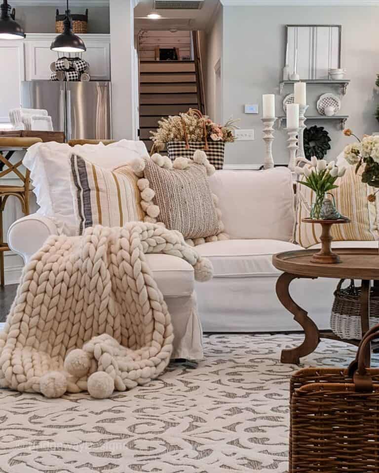 Stripped and Knit Throw Pillows on a Beige Couch
