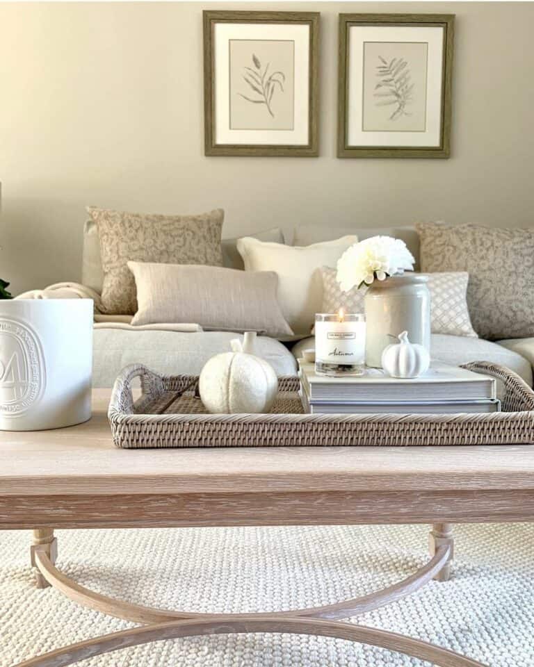 Stuffed White Pumpkins on a Rattan Tray