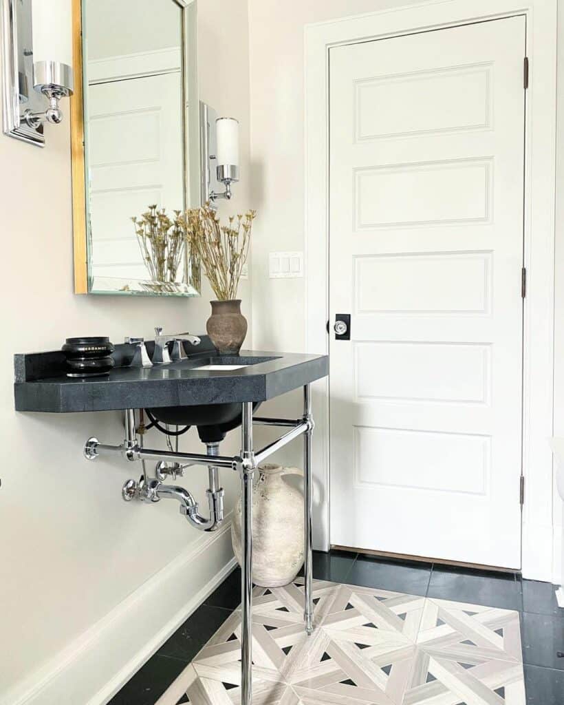 Stylish Powder Room With Exposed Metal Pipes