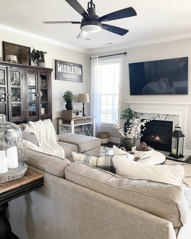TV Over Fireplace Idea for Comfortable Farmhouse Living Room