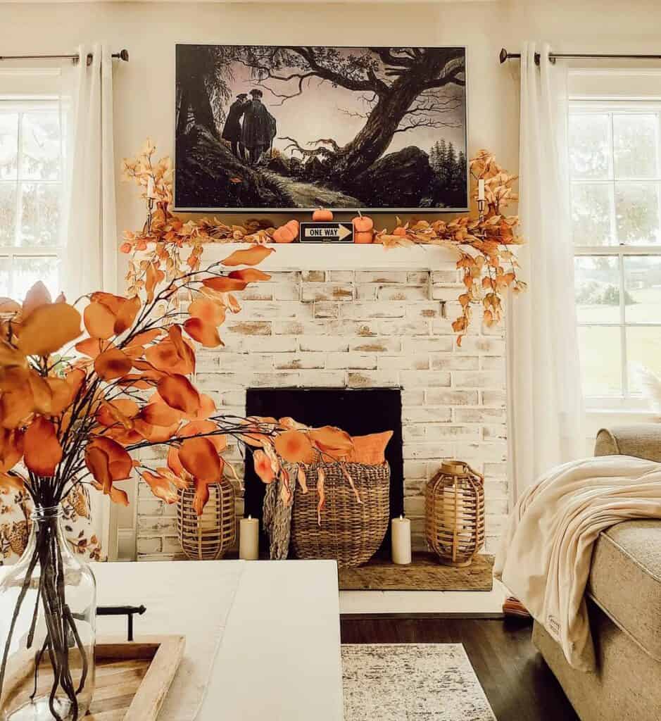 TV Over Fireplace in Fall Living Room