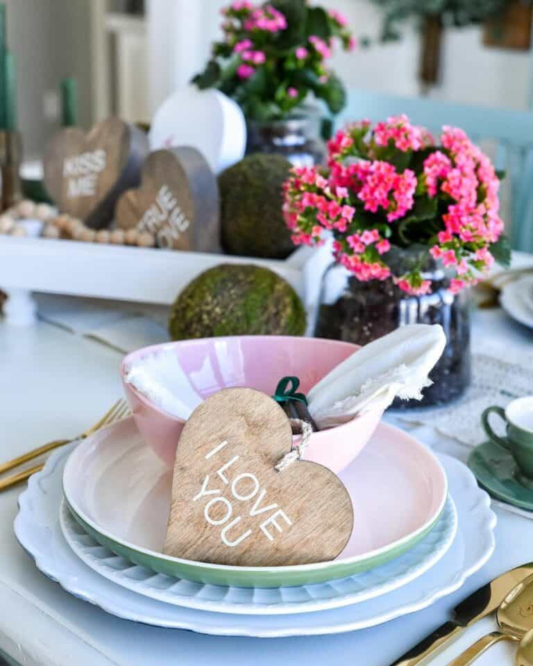 Tablescape With Wood and Pink Accents