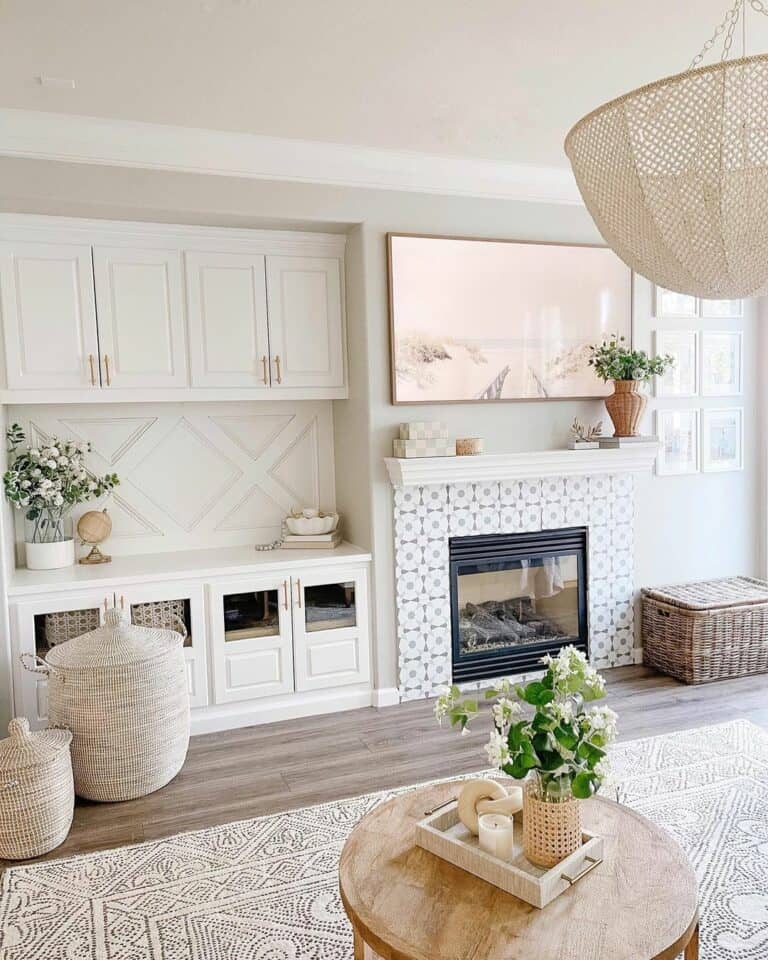 Tiled Fireplace Beside Wall Cabinets