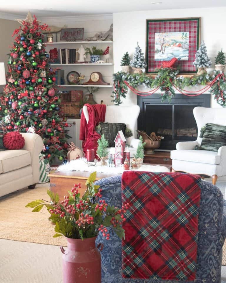 Traditional Green and Red Plaid Holiday Living Room