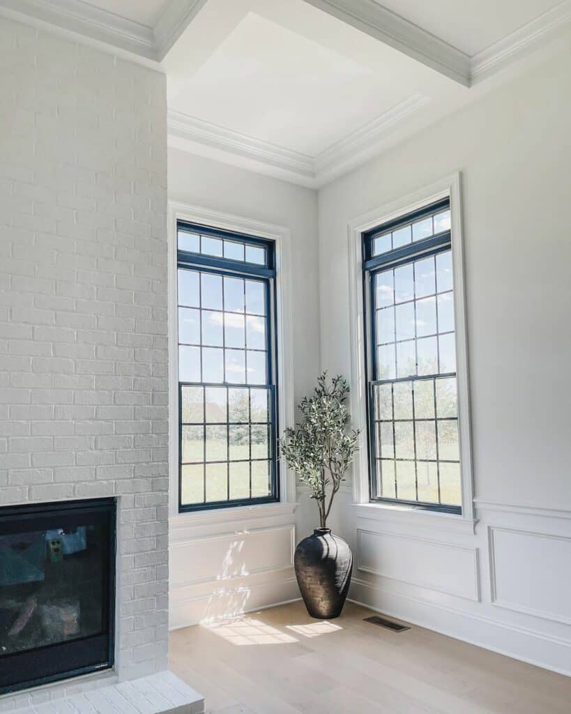 Transitional Living Space With Modern Black Windows