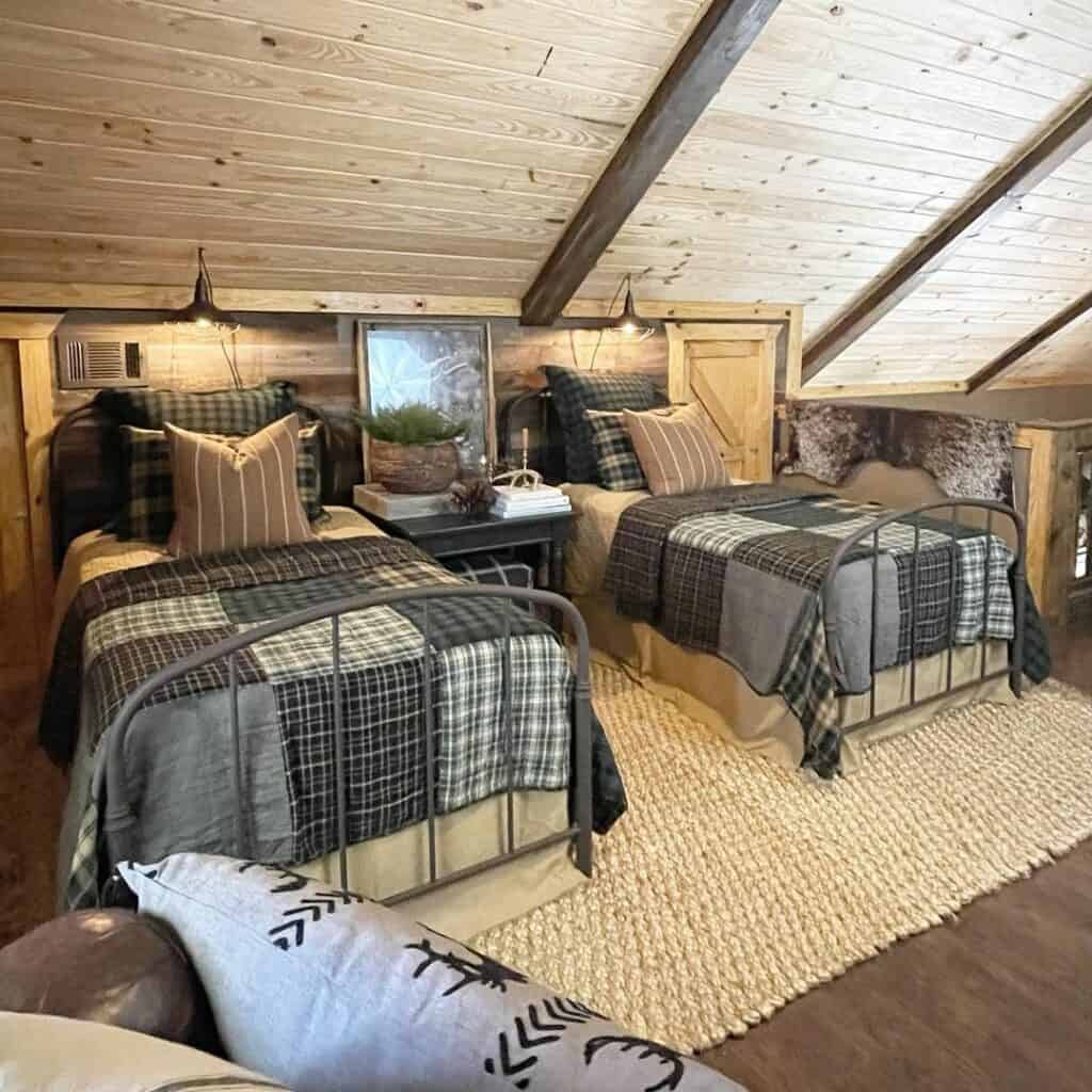 Twin Beds With Rustic Ceiling Design