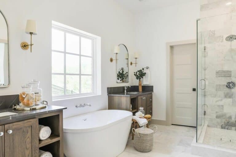 Twin Wood Sink Vanities in White Bathroom