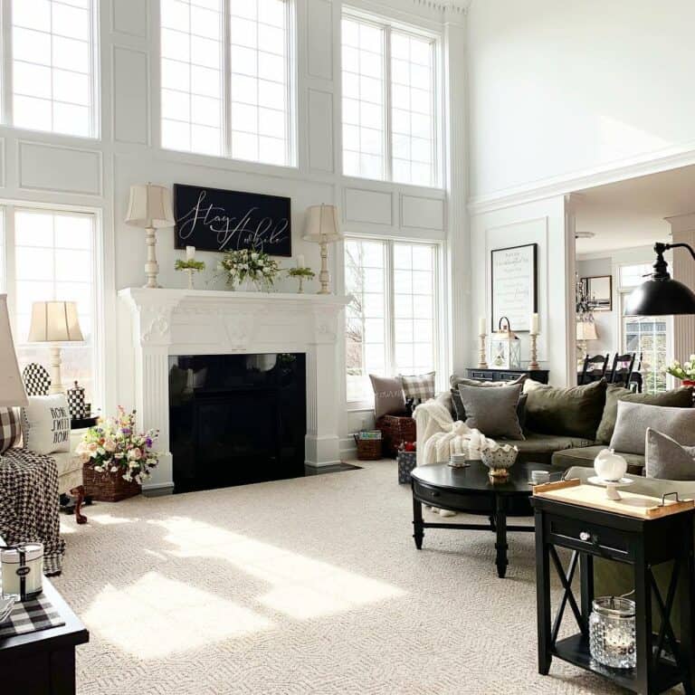 Two-story Black and White Living Room