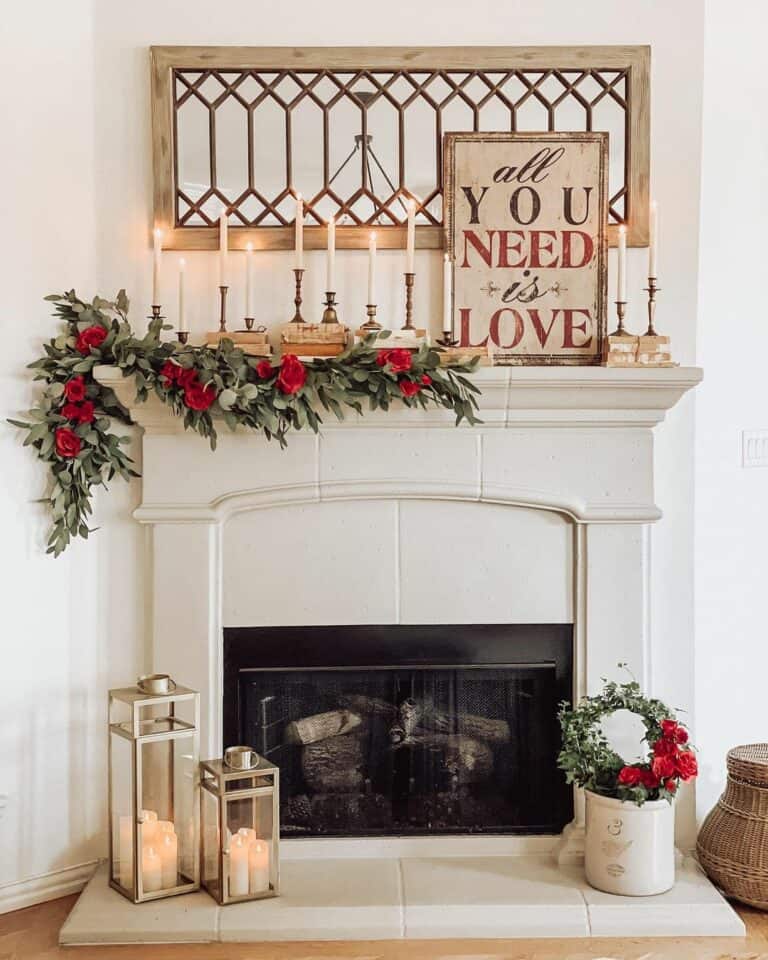 Valentine's Day Themed Mantle with Roses