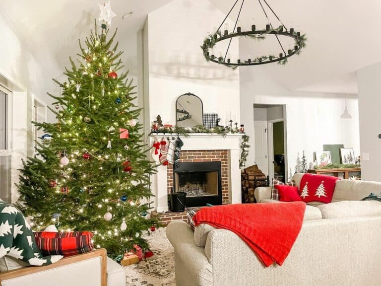 Vaulted Ceiling Living Room Includes Brick Fireplace