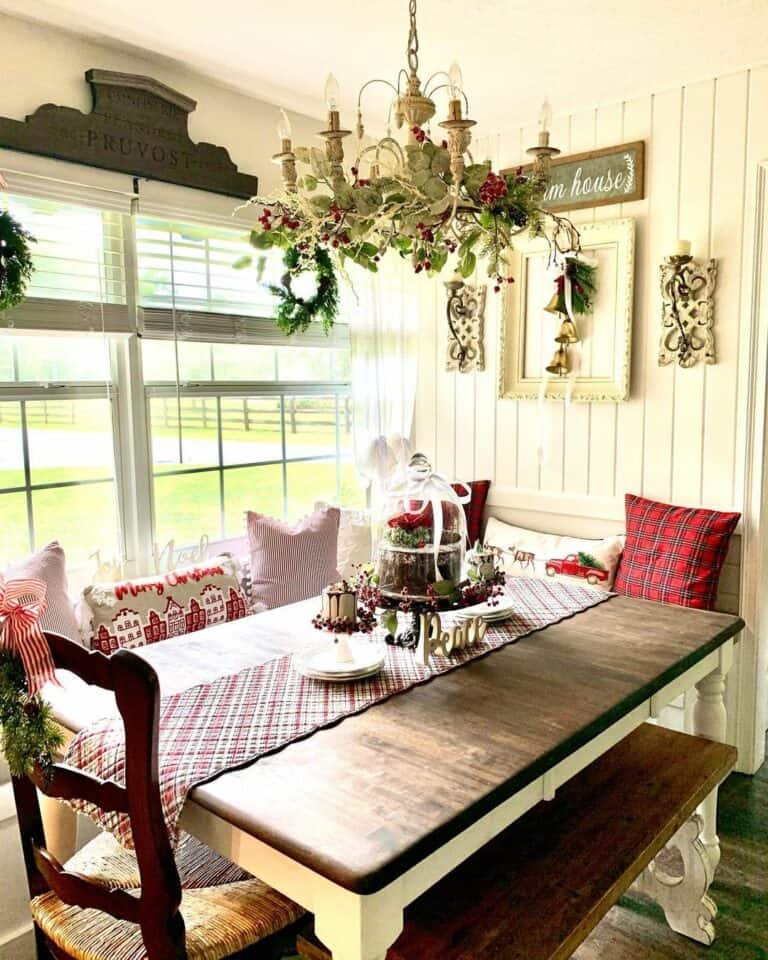 Vintage Chandelier Hangs in Farmhouse Breakfast Nook