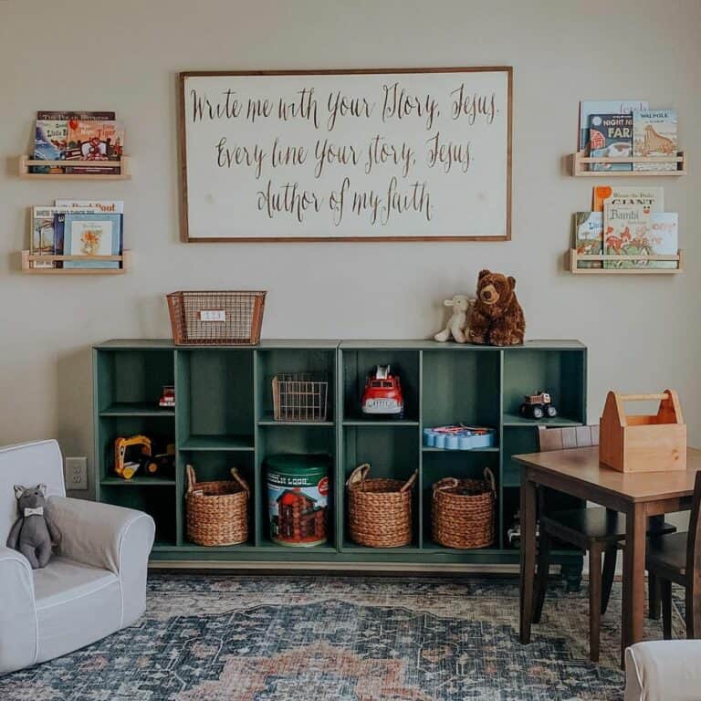 Vintage Green Playroom Décor with Wood Accents