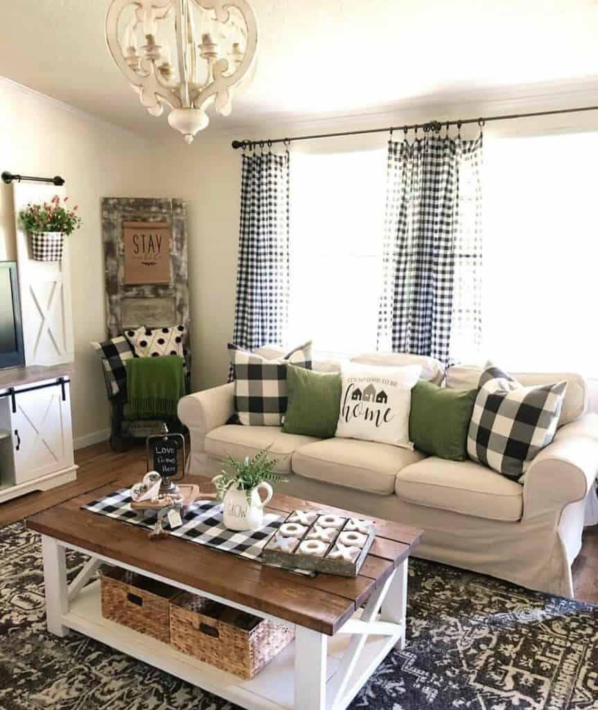 Vintage Living Area with Green and Plaid Accents