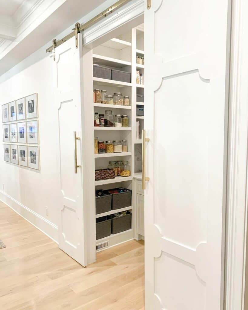 Walk-In Pantry with Sliding Gold and White Doors