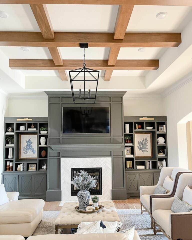 Warm Wood Beams and a White Herringbone Fireplace